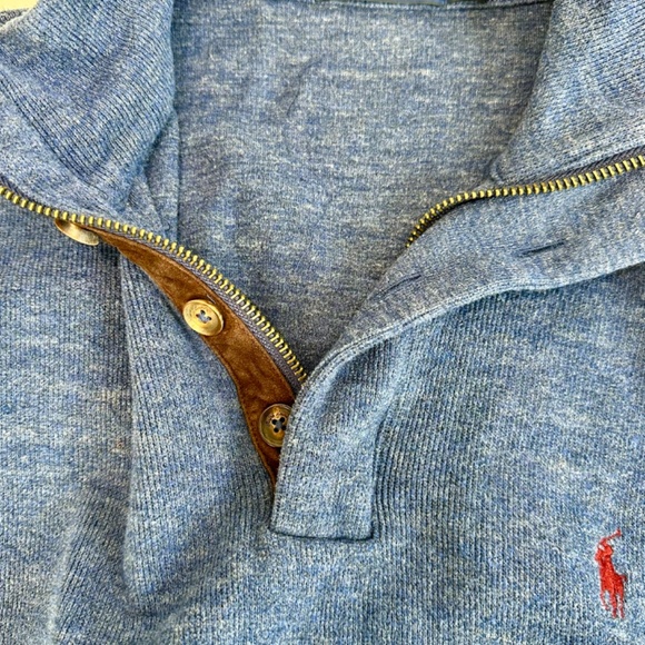 Polo Ralph Men’s Lauren Blue cotton 1/4 zip sweater. Size M. suede patches/trim. - Picture 5 of 10
